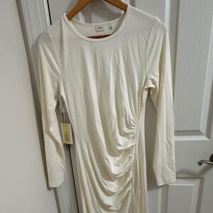 NWT ARITZIA WILFRED Amelia Ruched Midi Dress Light Birch Ivory Side Slit Sz L
